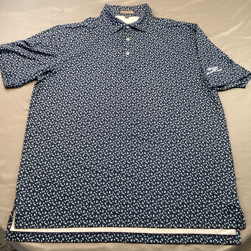 Peter Millar Men’s Summer Comfort Golf Polo Shirt LG Navy Blue/White Floral EUC